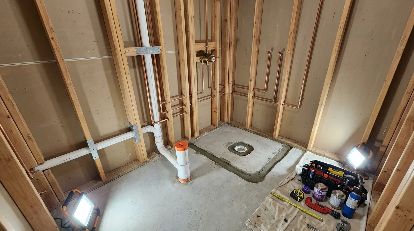 Bathroom rough-in plumbing during remodel by Johns Plumbing LLC in Cape Canaveral