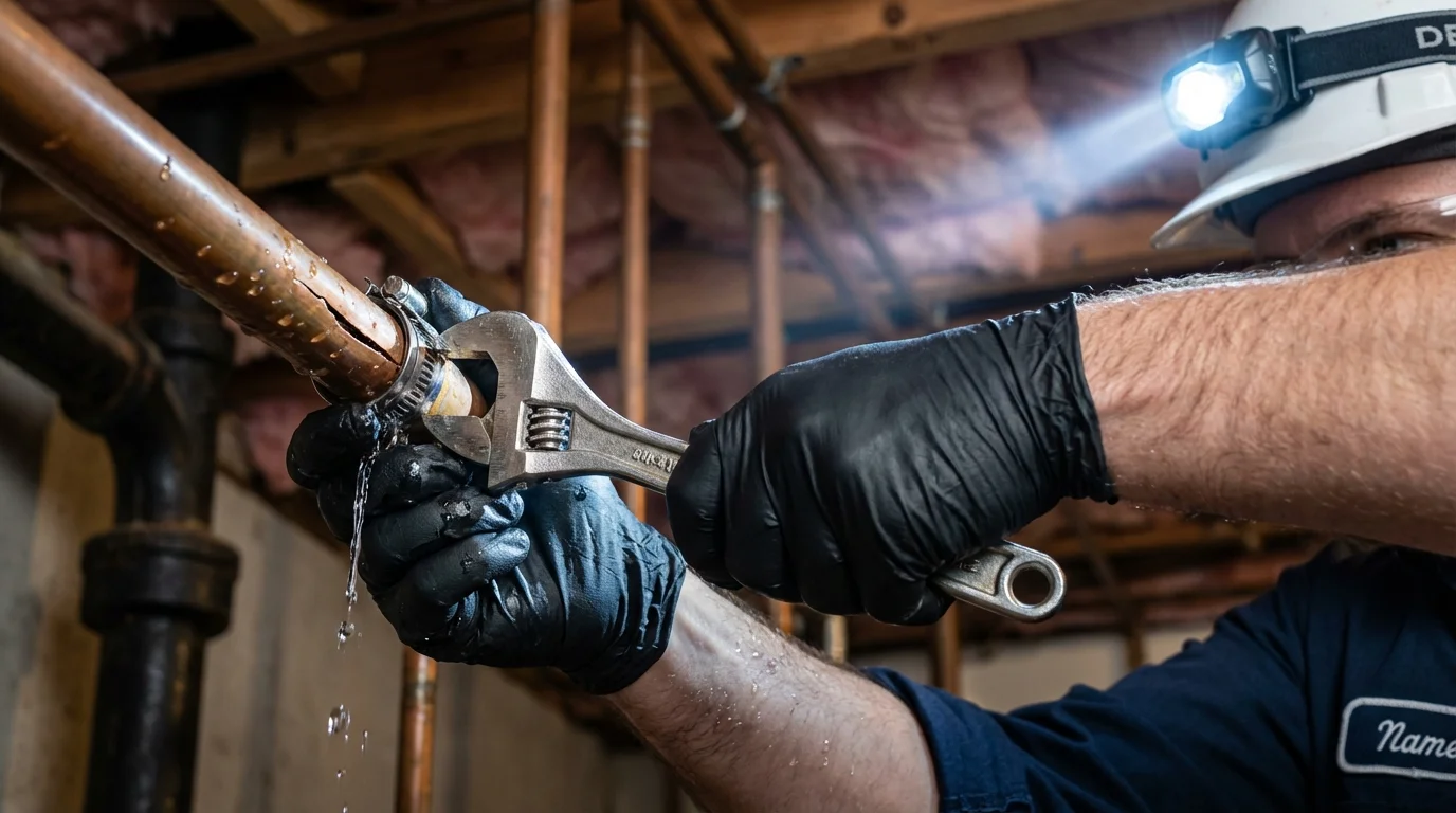 Emergency pipe clamp repair being performed by a Johns Plumbing LLC plumber in Cape Canaveral