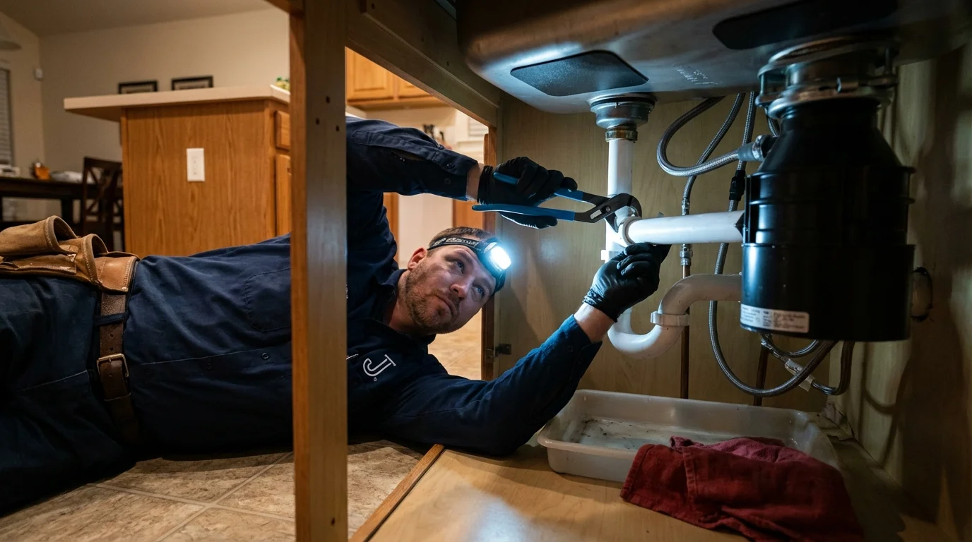 P-trap and supply line connections under a kitchen sink showing a common leak point in Cape Canaveral, FL